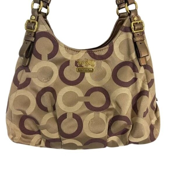 Coach Handbags - Coach Madison Maggie Shoulder Bag Style 19844 Tan & Burgundy Canvas